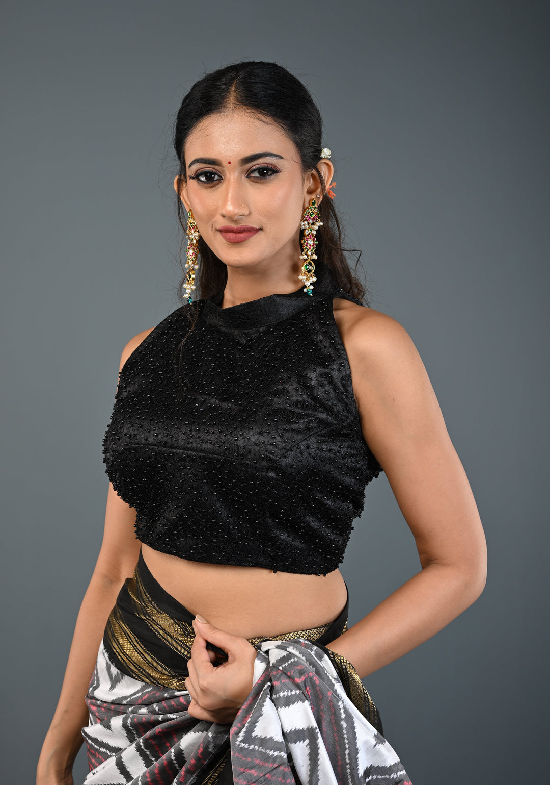 Black Beads on Net Unique Blouse with Halter Neck , Customizable, Made to Order