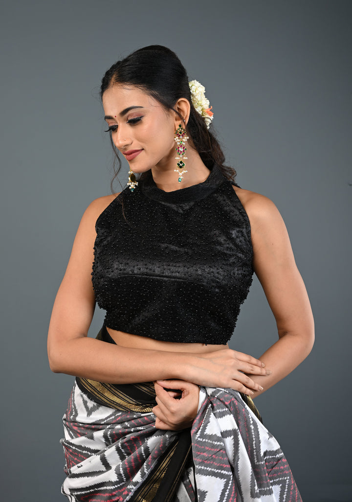 Black Beads on Net Unique Blouse with Halter Neck , Customizable, Made to Order