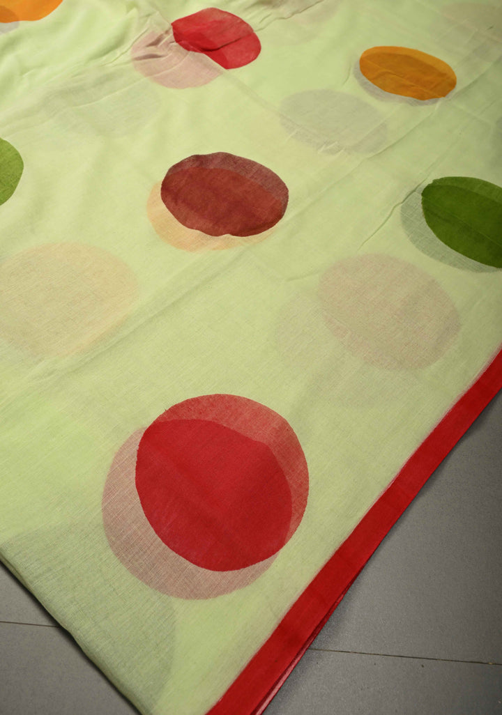 Tea Green Mulmul Cotton Saree with Hand Painted Circle Buttas and Multihue Tassels, No Blouse Piece |SHOBITAM