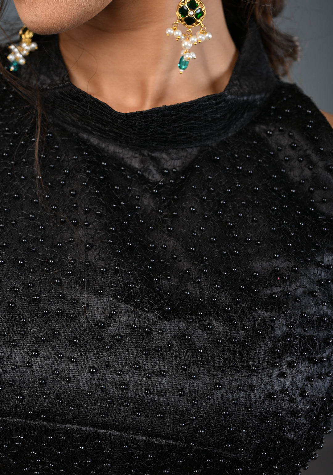 Black Beads on Net Unique Blouse with Halter Neck , Customizable, Made to Order