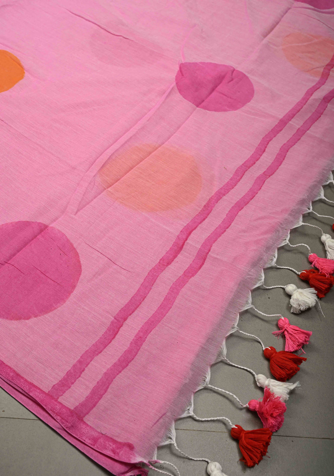 Rose Pink Mulmul Cotton Saree with Hand Painted Circle Buttas and Multihue Tassels, No Blouse Piece |SHOBITAM