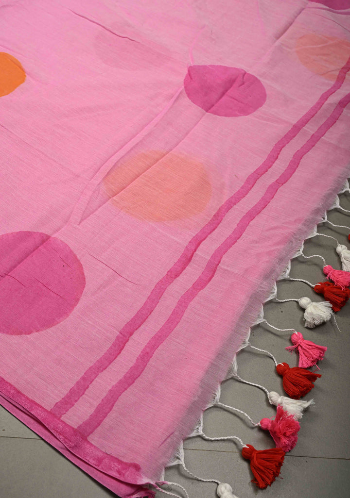 Rose Pink Mulmul Cotton Saree with Hand Painted Circle Buttas and Multihue Tassels, No Blouse Piece |SHOBITAM