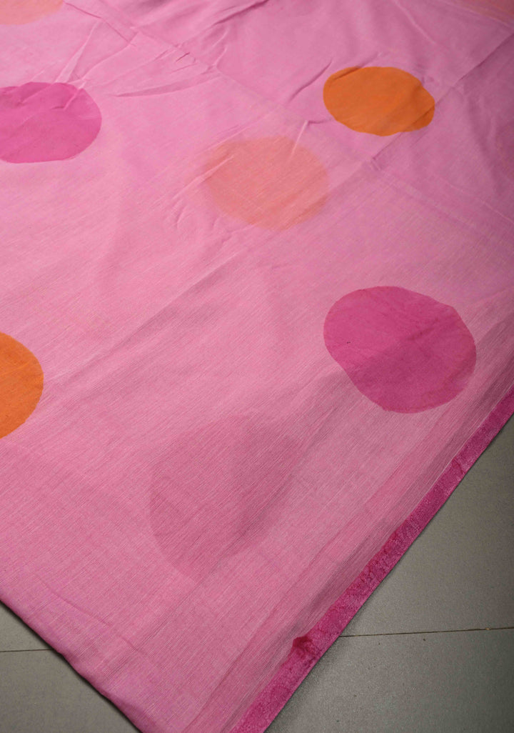 Rose Pink Mulmul Cotton Saree with Hand Painted Circle Buttas and Multihue Tassels, No Blouse Piece |SHOBITAM