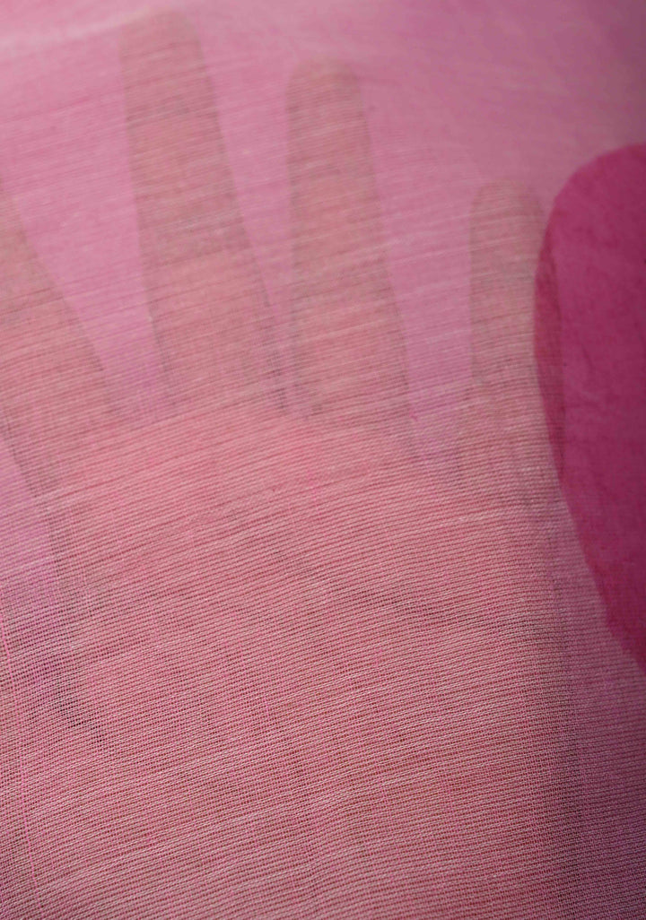 Rose Pink Mulmul Cotton Saree with Hand Painted Circle Buttas and Multihue Tassels, No Blouse Piece |SHOBITAM