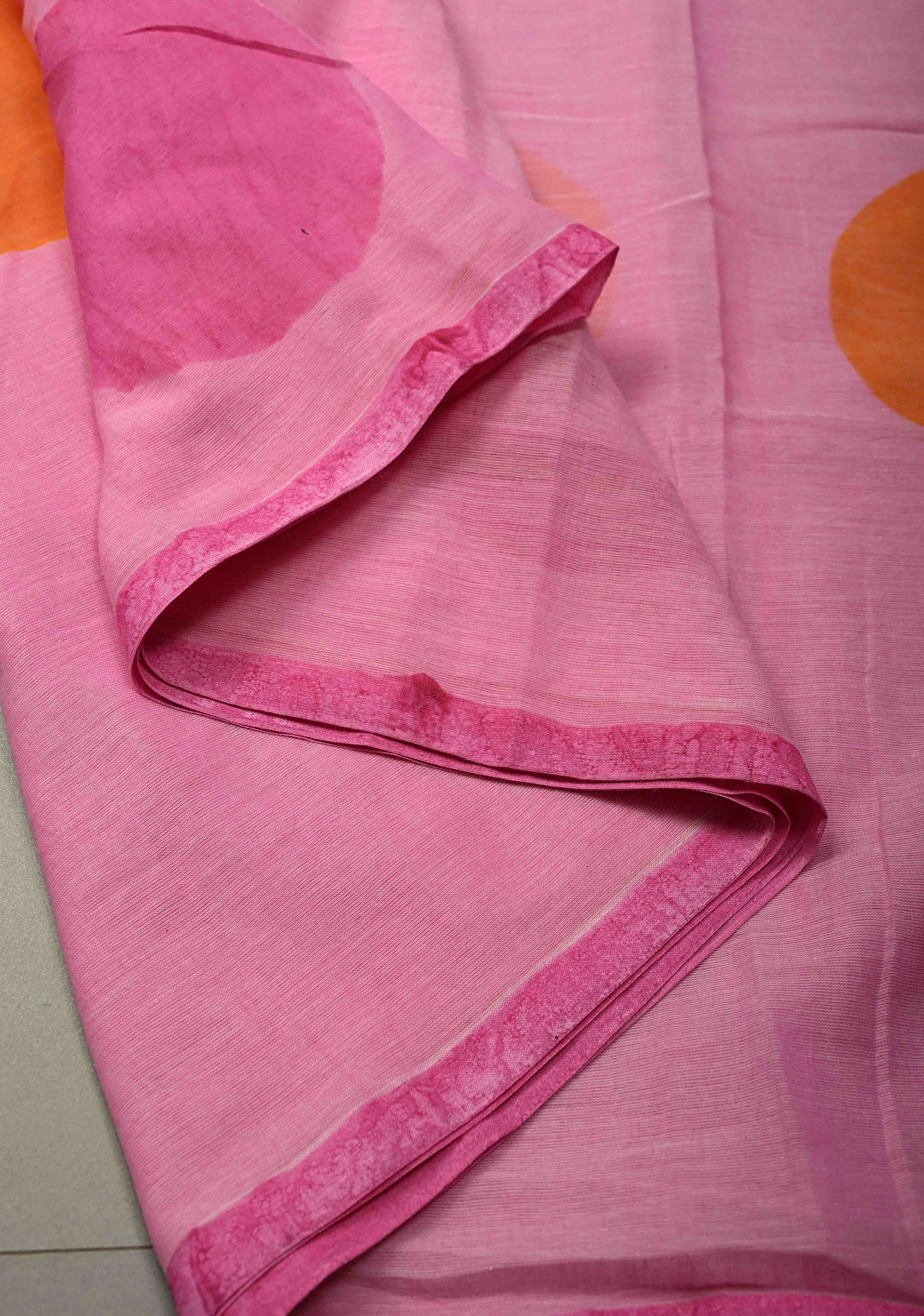 Rose Pink Mulmul Cotton Saree with Hand Painted Circle Buttas and Multihue Tassels, No Blouse Piece |SHOBITAM