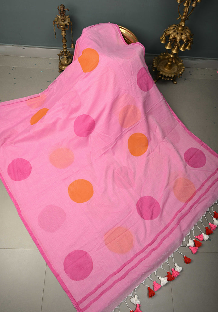 Rose Pink Mulmul Cotton Saree with Hand Painted Circle Buttas and Multihue Tassels, No Blouse Piece |SHOBITAM