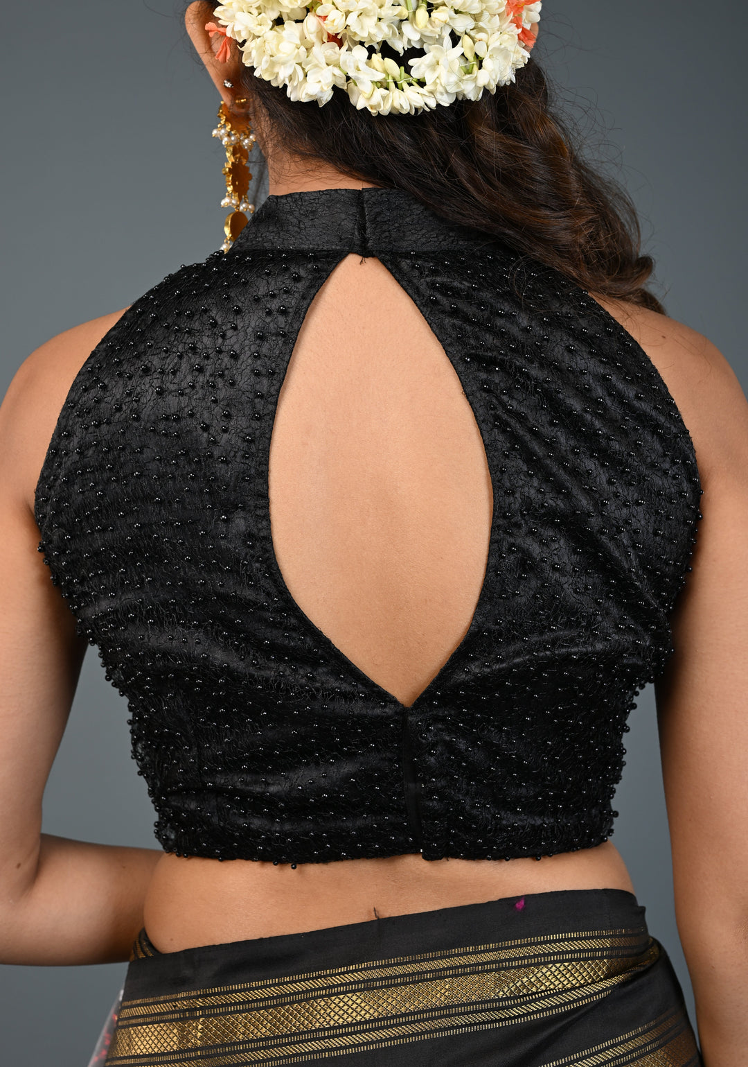 Black Beads on Net Unique Blouse with Halter Neck , Customizable, Made to Order