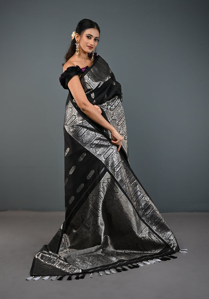 Black Gadwal Silk Saree with Silver Zari Buttas and Wide Zari JharokhaBorder | SILK MARK CERTIFIED