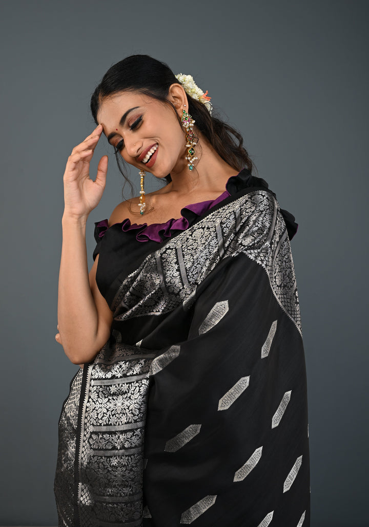 Black Gadwal Silk Saree with Silver Zari Buttas and Wide Zari JharokhaBorder | SILK MARK CERTIFIED