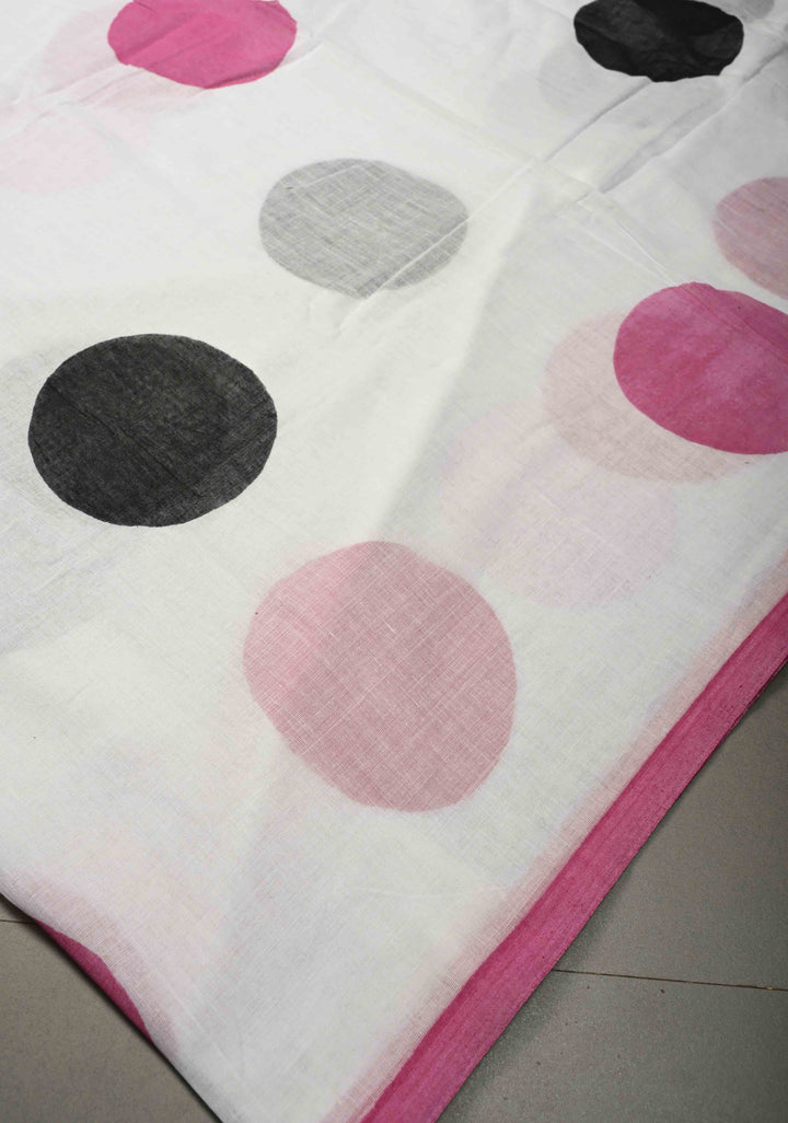 White Mulmul Cotton Saree with Hand Painted Circle Buttas and Multihue Tassels, No Blouse Piece |SHOBITAM