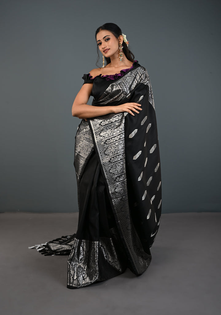 Black Gadwal Silk Saree with Silver Zari Buttas and Wide Zari JharokhaBorder | SILK MARK CERTIFIED