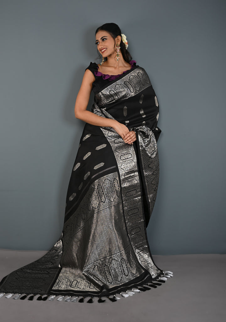 Black Gadwal Silk Saree with Silver Zari Buttas and Wide Zari JharokhaBorder | SILK MARK CERTIFIED
