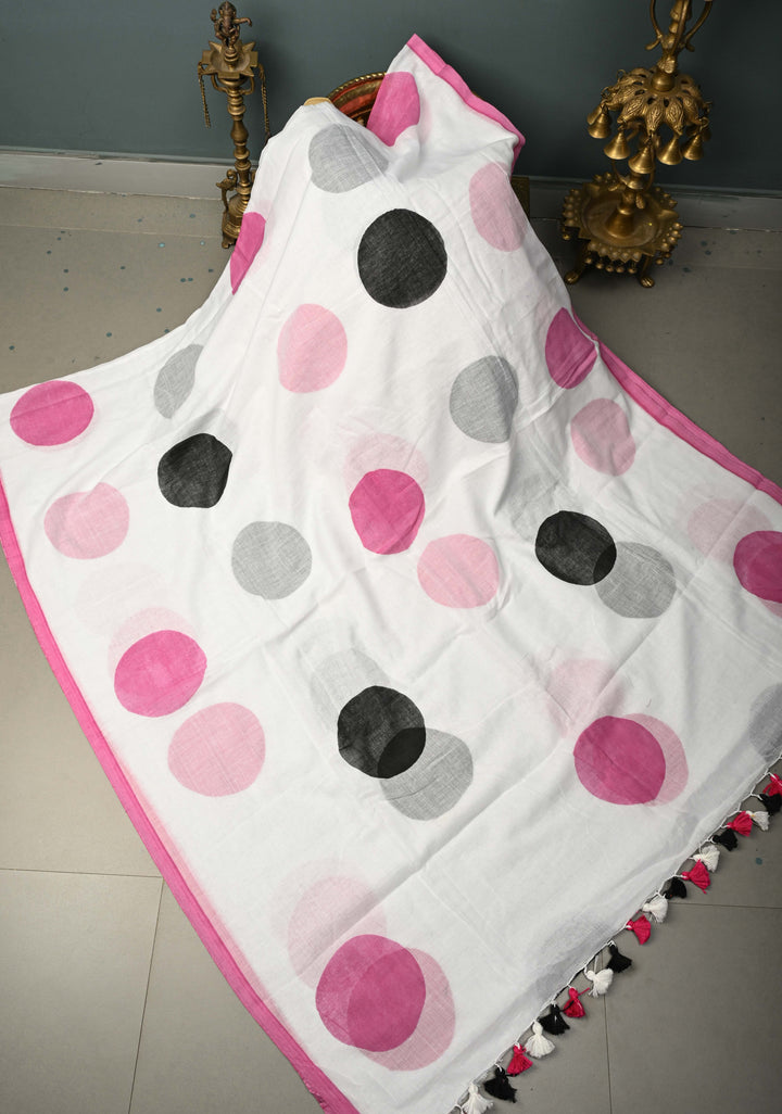 White Mulmul Cotton Saree with Hand Painted Circle Buttas and Multihue Tassels, No Blouse Piece |SHOBITAM