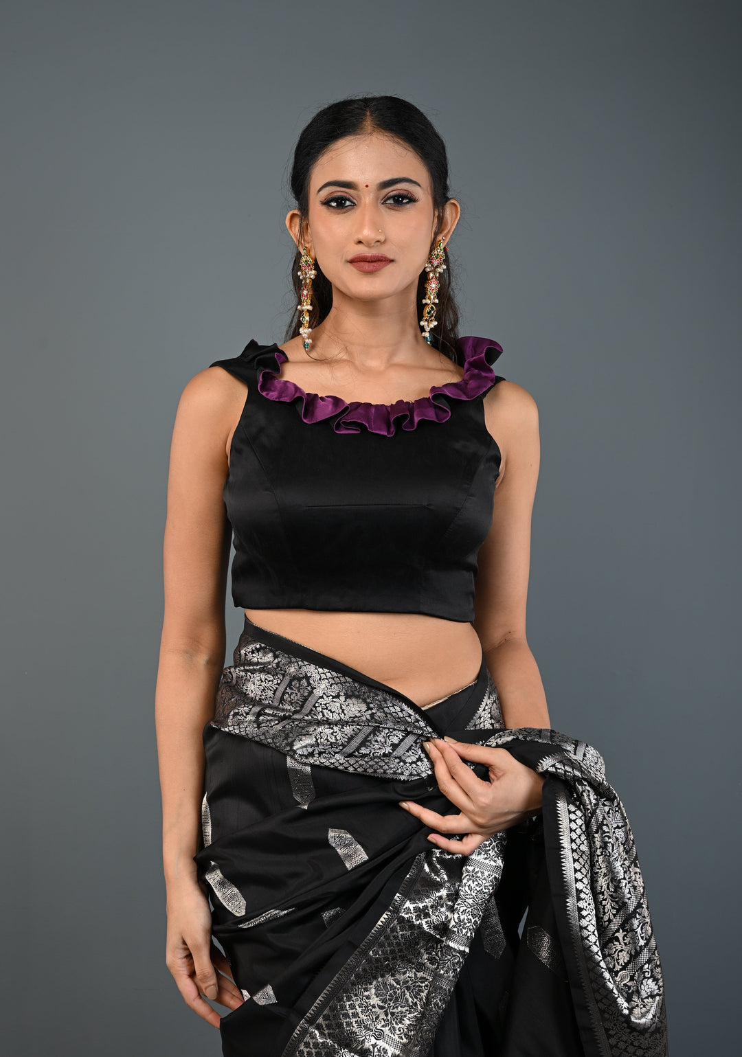 Black Dual-Style Satin Blouse with Purple Ruffle-Neck , Customizable, Made to Order