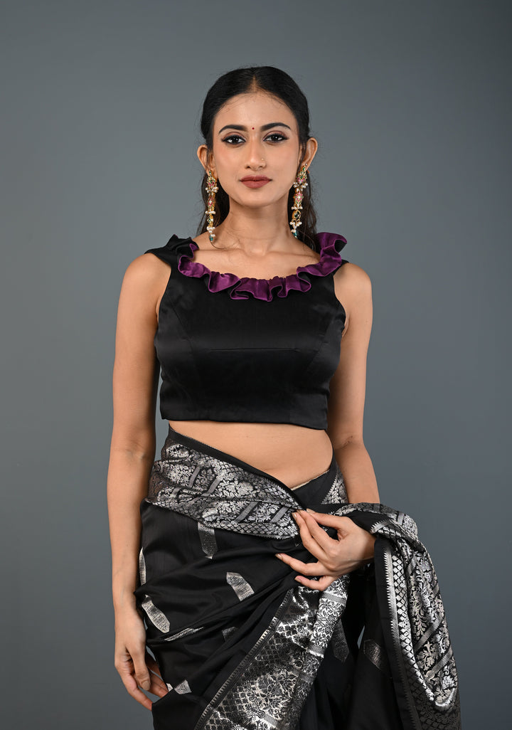 Black Dual-Style Satin Blouse with Purple Ruffle-Neck , Customizable, Made to Order