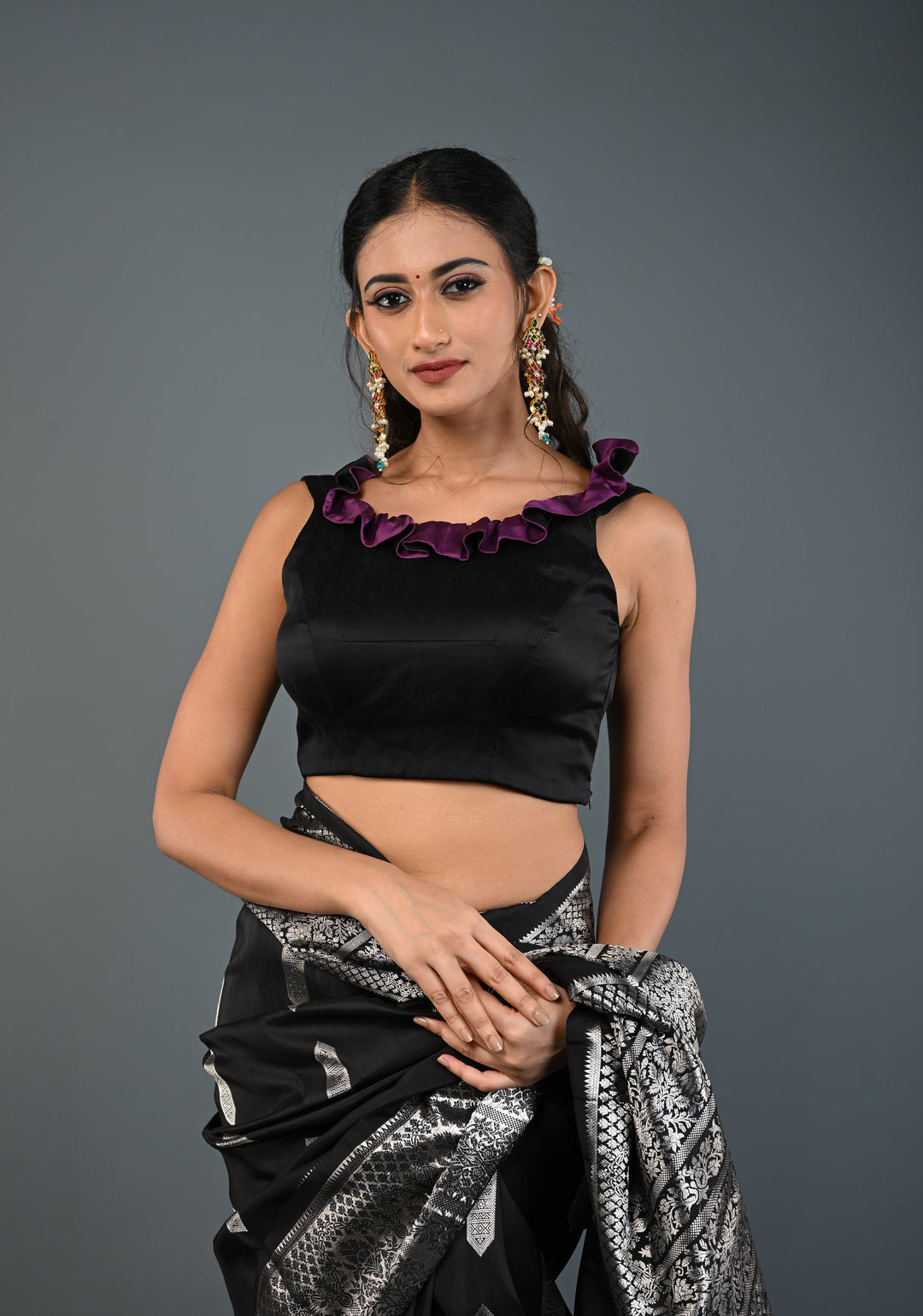 Black Dual-Style Satin Blouse with Purple Ruffle-Neck , Customizable, Made to Order