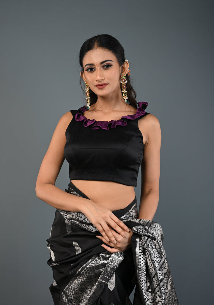 Black Dual-Style Satin Blouse with Purple Ruffle-Neck , Customizable, Made to Order