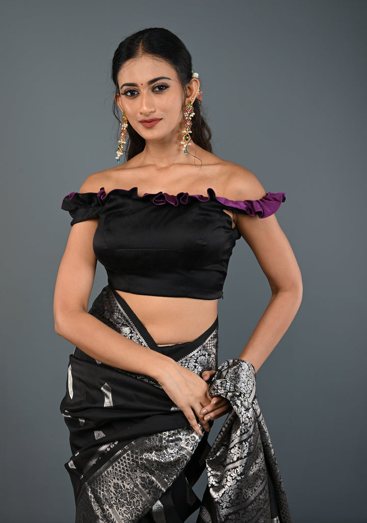 Black Dual-Style Satin Blouse with Purple Ruffle-Neck , Customizable, Made to Order
