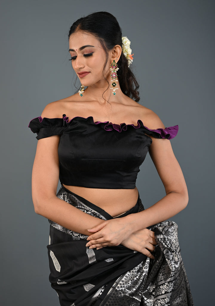 Black Dual-Style Satin Blouse with Purple Ruffle-Neck , Customizable, Made to Order