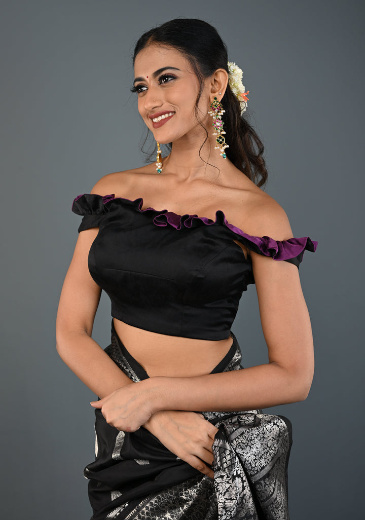 Black Dual-Style Satin Blouse with Purple Ruffle-Neck , Customizable, Made to Order
