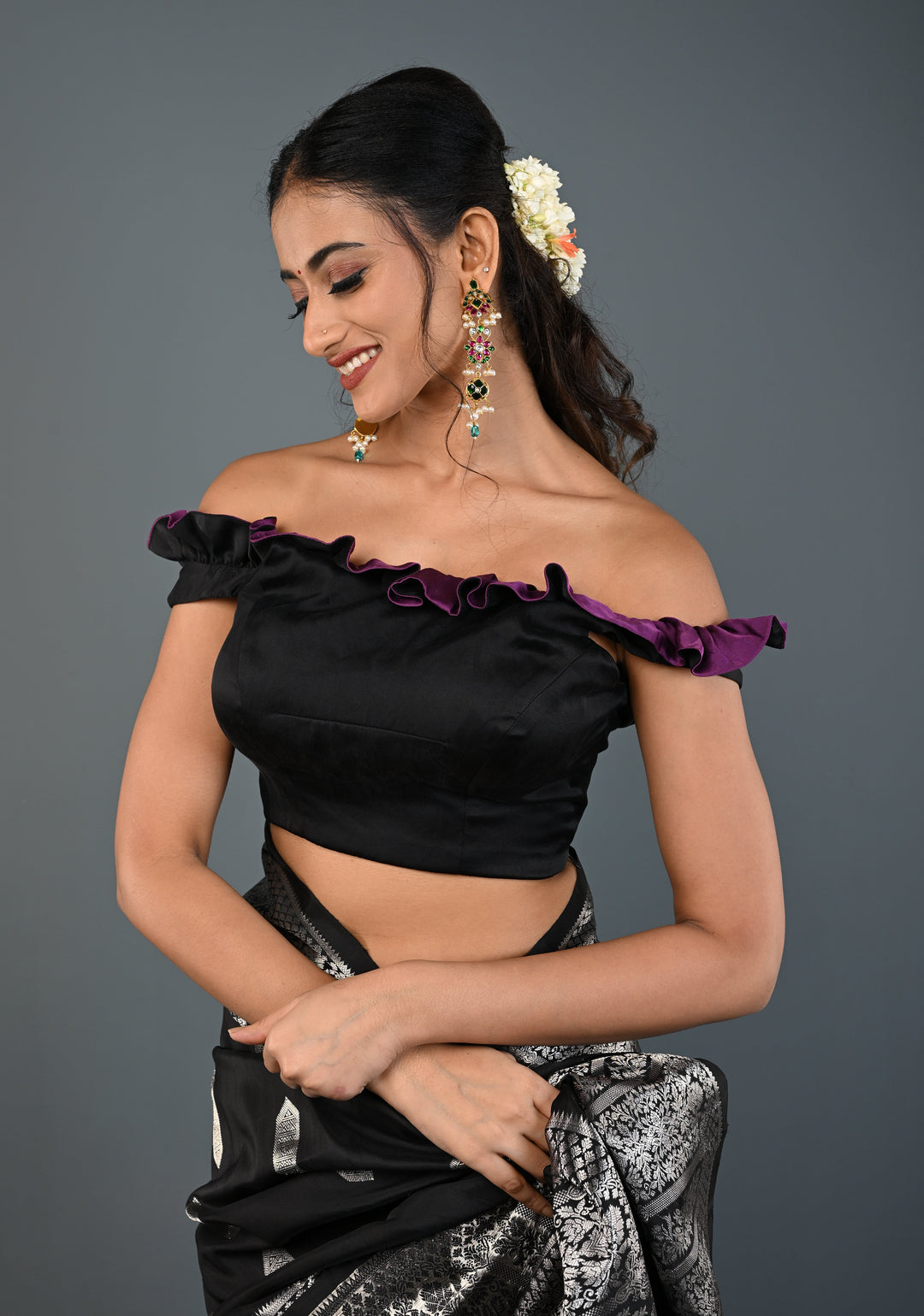 Black Dual-Style Satin Blouse with Purple Ruffle-Neck , Customizable, Made to Order