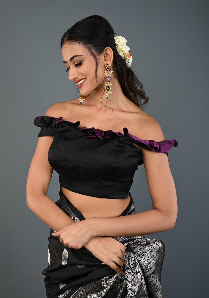 Black Dual-Style Satin Blouse with Purple Ruffle-Neck , Customizable, Made to Order