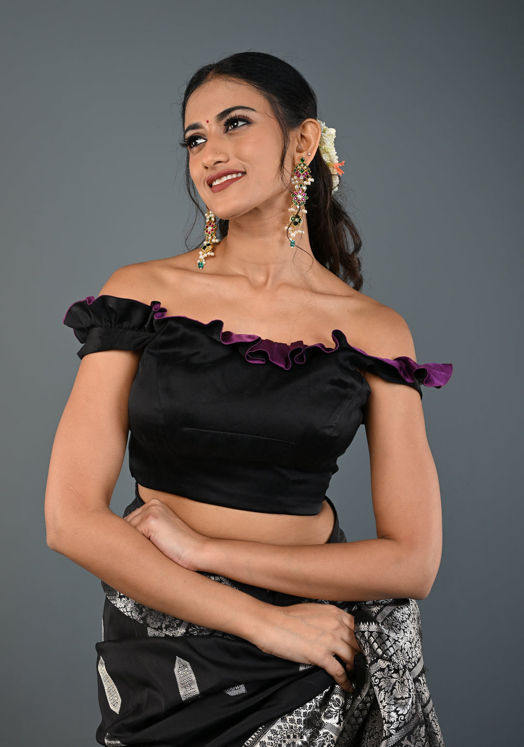 Black Dual-Style Satin Blouse with Purple Ruffle-Neck , Customizable, Made to Order