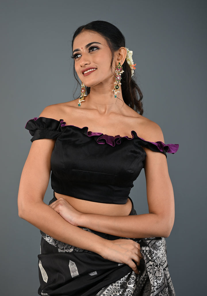 Black Dual-Style Satin Blouse with Purple Ruffle-Neck , Customizable, Made to Order