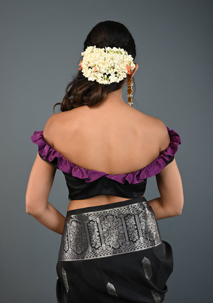 Black Dual-Style Satin Blouse with Purple Ruffle-Neck , Customizable, Made to Order