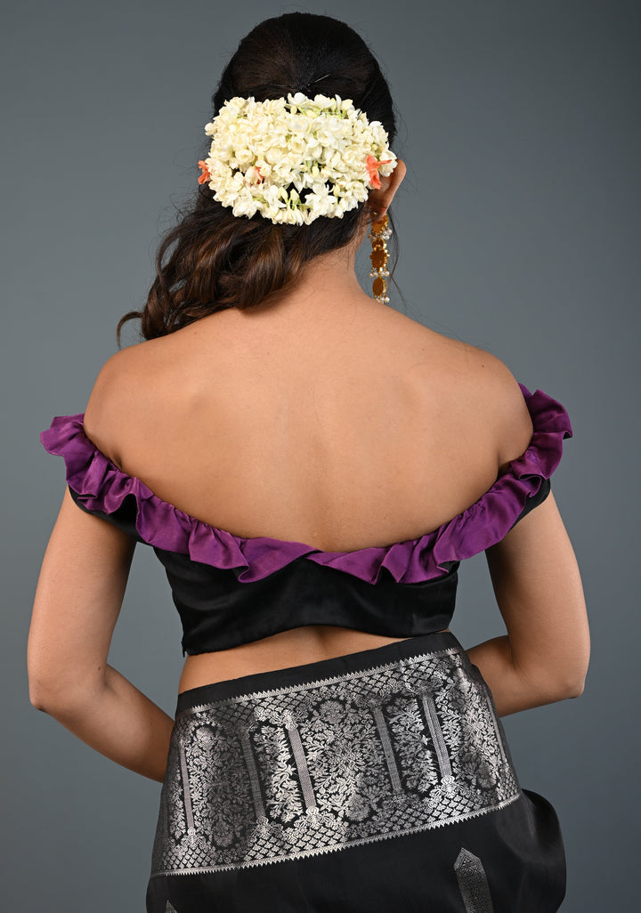 Black Dual-Style Satin Blouse with Purple Ruffle-Neck , Customizable, Made to Order