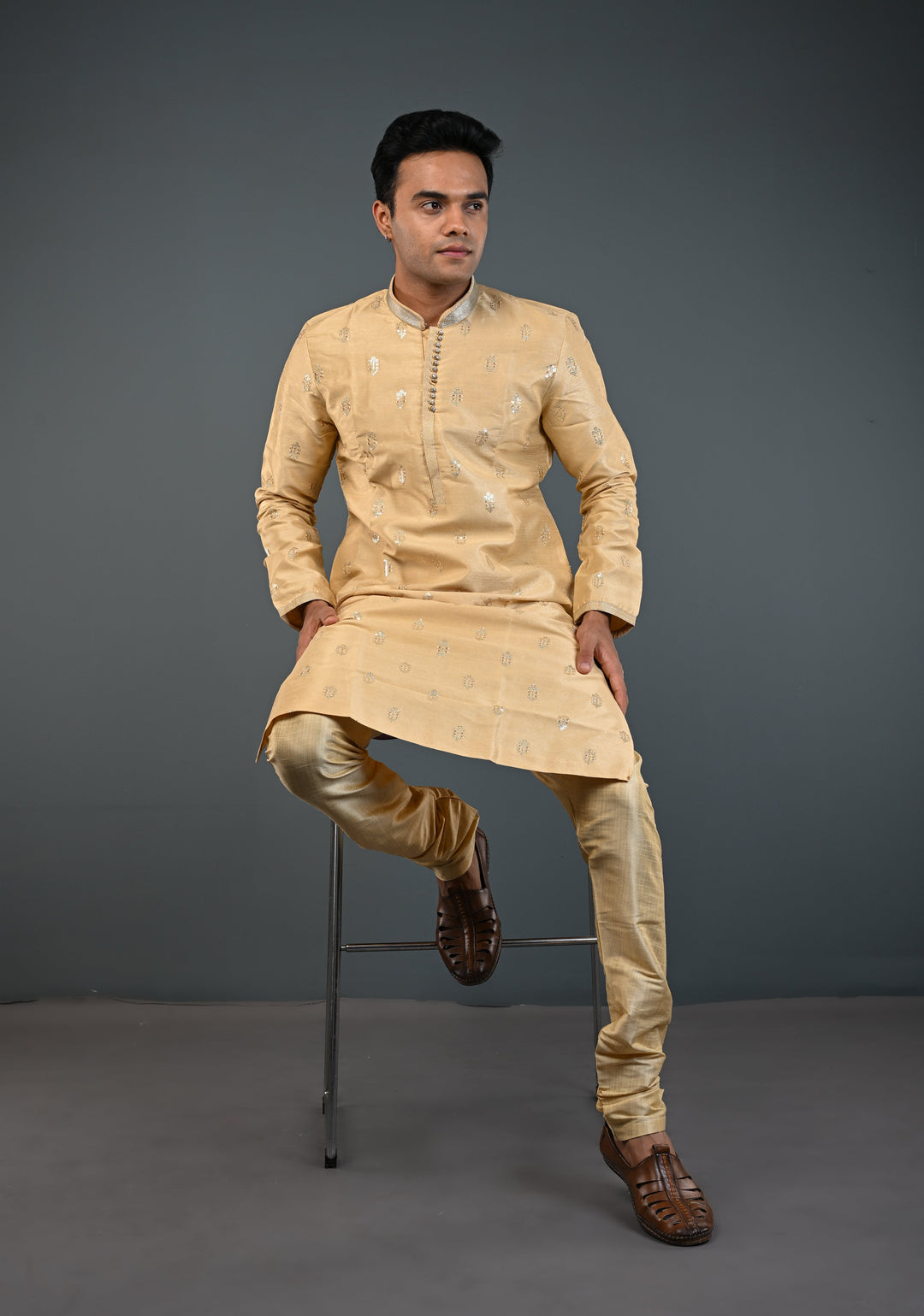 Beige Sequin Embellished Kurta Pajama Set for Men | Ethnic Menswear by Shobitam
