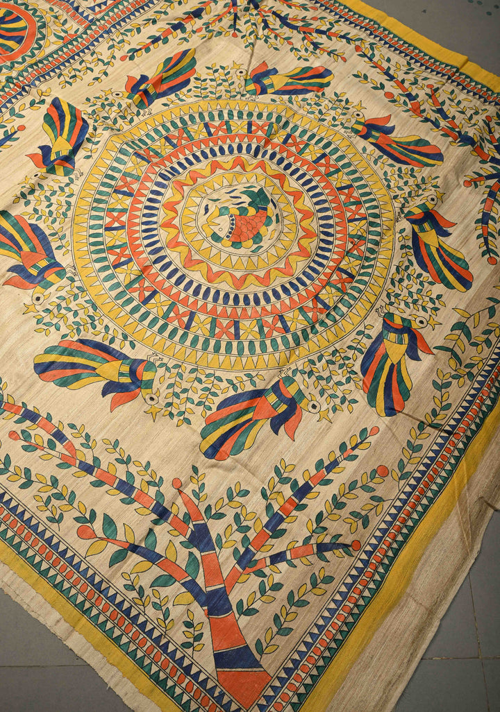 Kora Color Madhubani hand painted on Geecha Tussar Silk Saree With Border | SILK MARK CERTIFIED | SHOBITAM