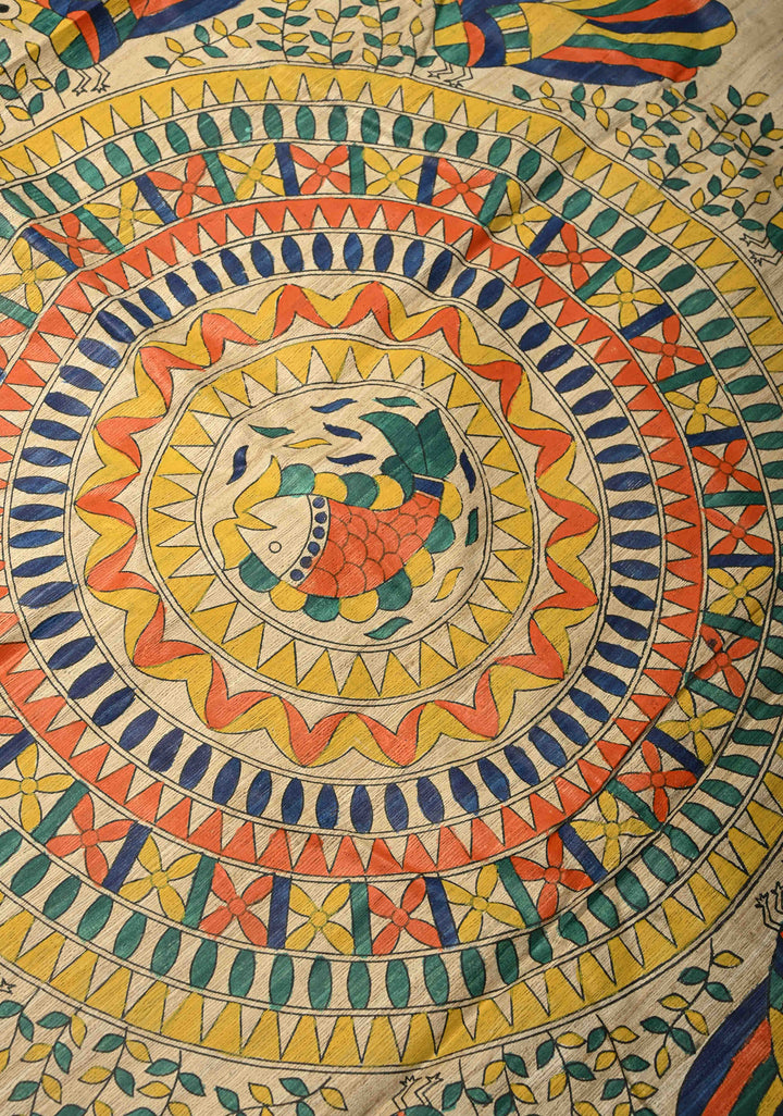 Kora Color Madhubani hand painted on Geecha Tussar Silk Saree With Border | SILK MARK CERTIFIED | SHOBITAM