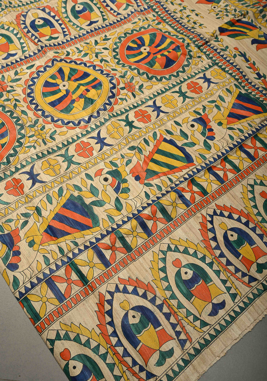 Kora Color Madhubani hand painted on Geecha Tussar Silk Saree With Border | SILK MARK CERTIFIED | SHOBITAM
