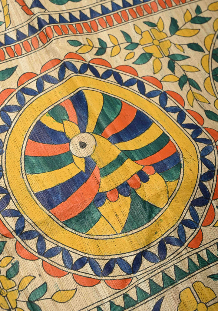 Kora Color Madhubani hand painted on Geecha Tussar Silk Saree With Border | SILK MARK CERTIFIED | SHOBITAM