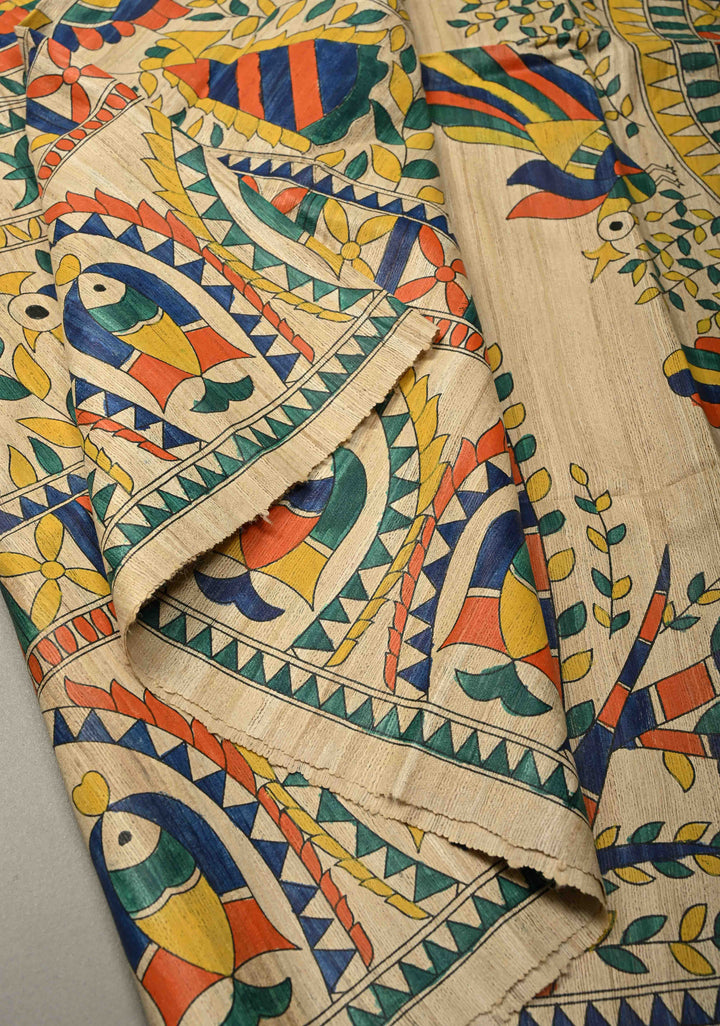 Kora Color Madhubani hand painted on Geecha Tussar Silk Saree With Border | SILK MARK CERTIFIED | SHOBITAM
