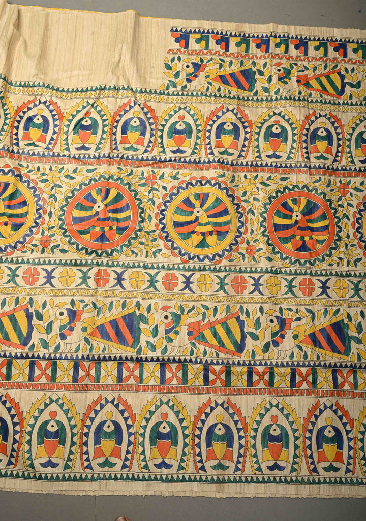 Kora Color Madhubani hand painted on Geecha Tussar Silk Saree With Border | SILK MARK CERTIFIED | SHOBITAM