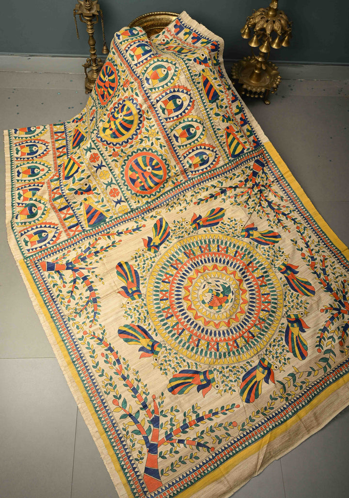 Kora Color Madhubani hand painted on Geecha Tussar Silk Saree With Border | SILK MARK CERTIFIED | SHOBITAM