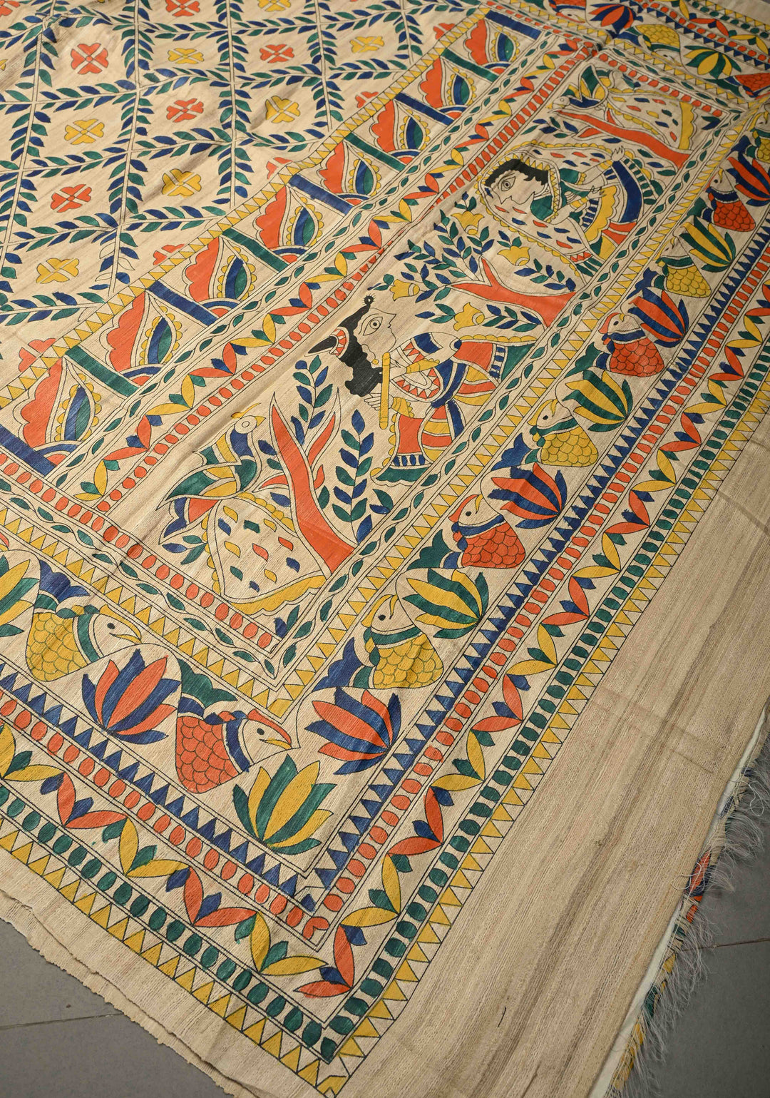 Cream Madhubani hand painted on Geecha Tussar Silk Saree With Border  | SILK MARK CERTIFIED  | SHOBITAM