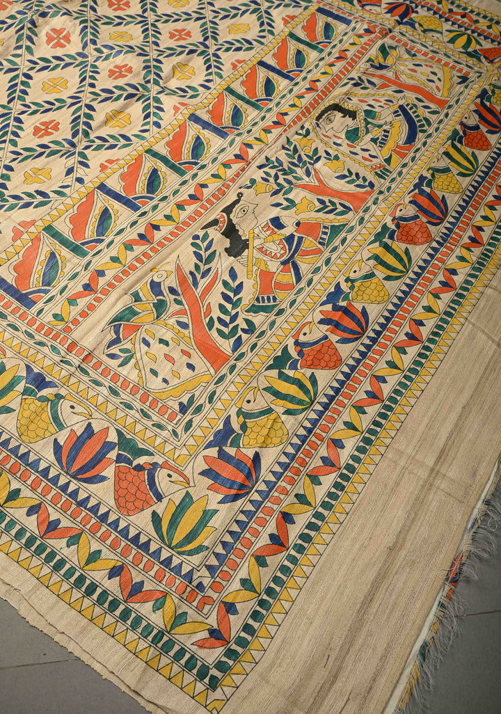 Cream Madhubani hand painted on Geecha Tussar Silk Saree With Border  | SILK MARK CERTIFIED  | SHOBITAM