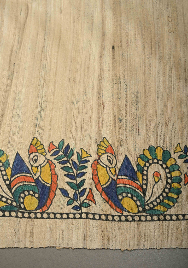 Cream Madhubani hand painted on Geecha Tussar Silk Saree With Border  | SILK MARK CERTIFIED  | SHOBITAM