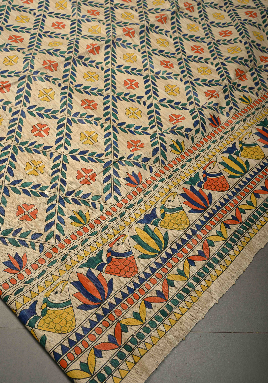 Cream Madhubani hand painted on Geecha Tussar Silk Saree With Border  | SILK MARK CERTIFIED  | SHOBITAM