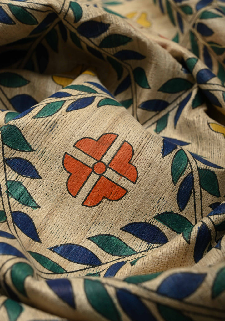 Cream Madhubani hand painted on Geecha Tussar Silk Saree With Border  | SILK MARK CERTIFIED  | SHOBITAM