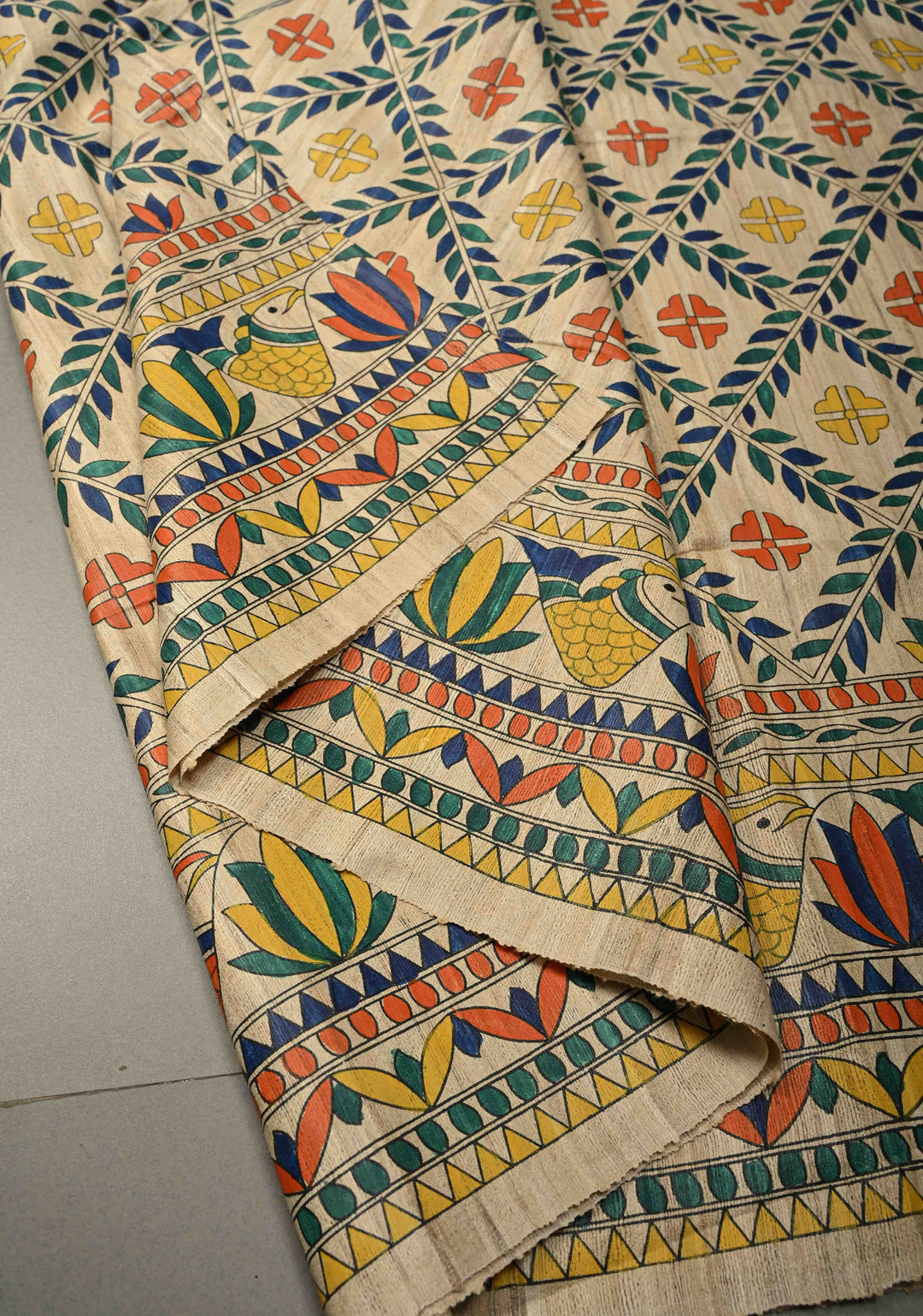 Cream Madhubani hand painted on Geecha Tussar Silk Saree With Border  | SILK MARK CERTIFIED  | SHOBITAM
