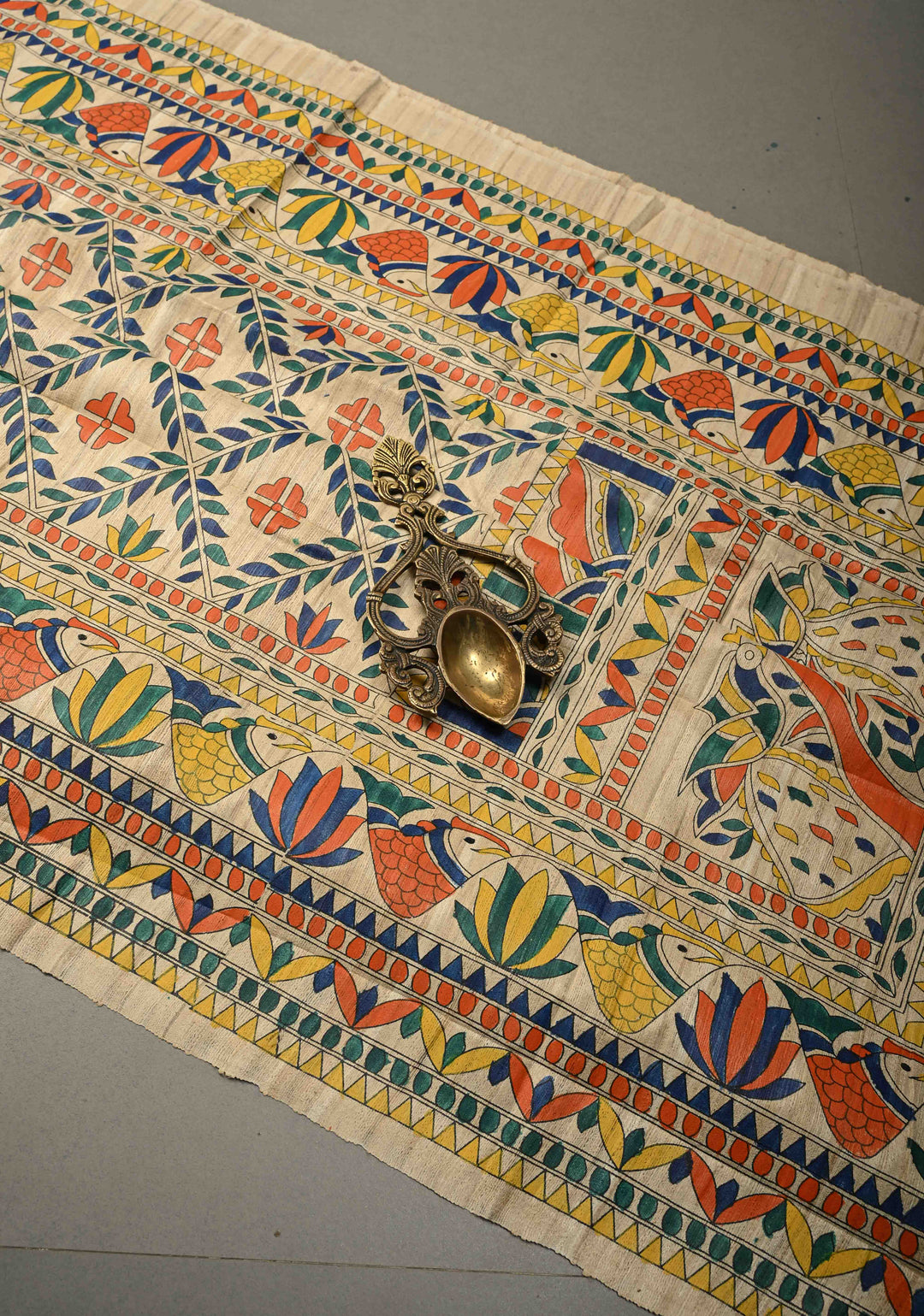 Cream Madhubani hand painted on Geecha Tussar Silk Saree With Border  | SILK MARK CERTIFIED  | SHOBITAM