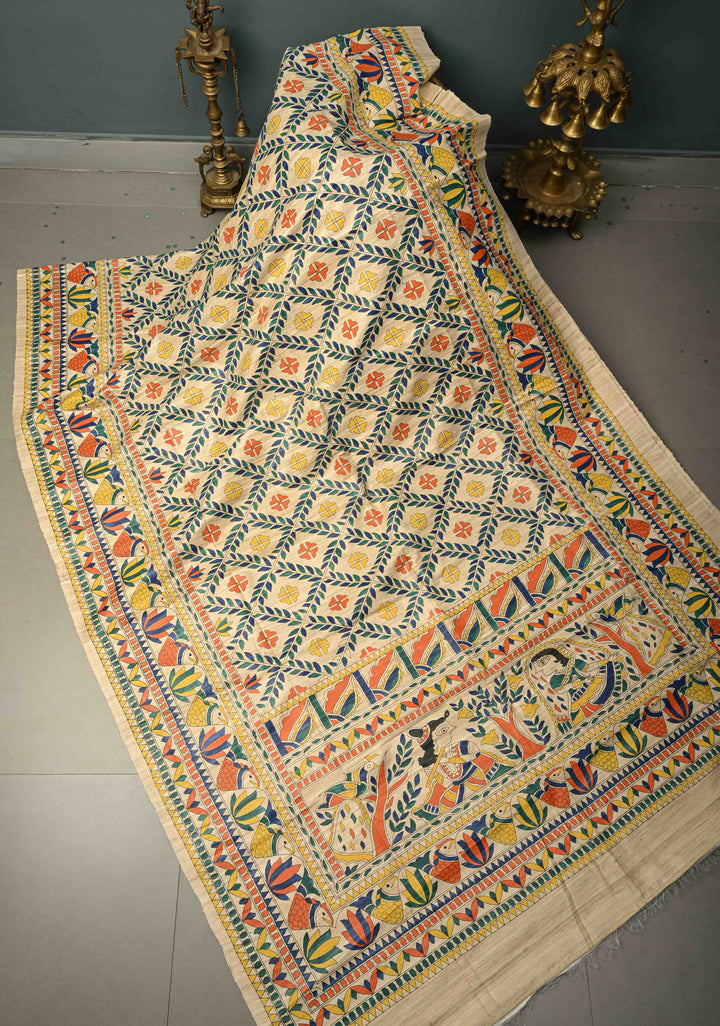 Cream Madhubani hand painted on Geecha Tussar Silk Saree With Border  | SILK MARK CERTIFIED  | SHOBITAM