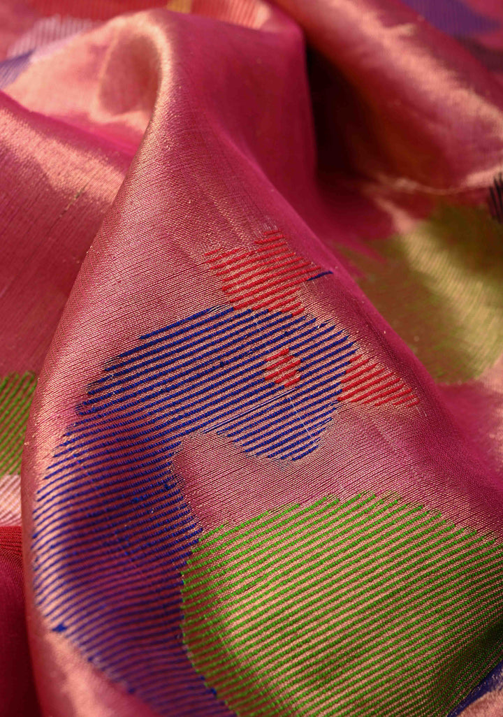 Pink Matka Muslin Saree with pocket sequins and Paithani Style Paluu | SILK MARK CERTIFIED