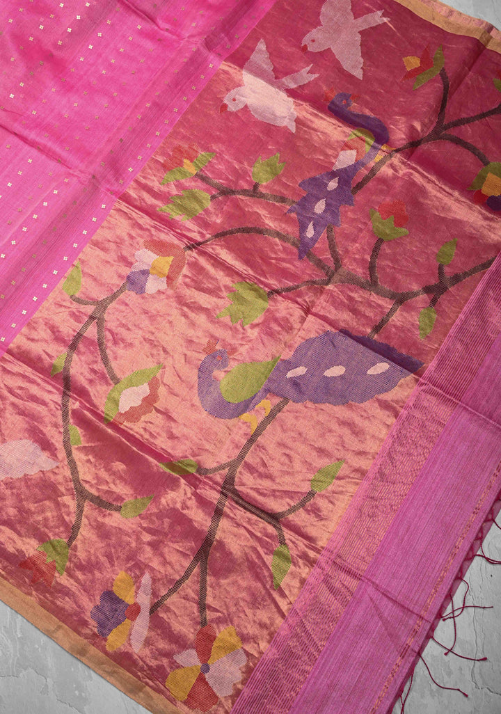 Pink Matka Muslin Saree with pocket sequins and Paithani Style Paluu | SILK MARK CERTIFIED