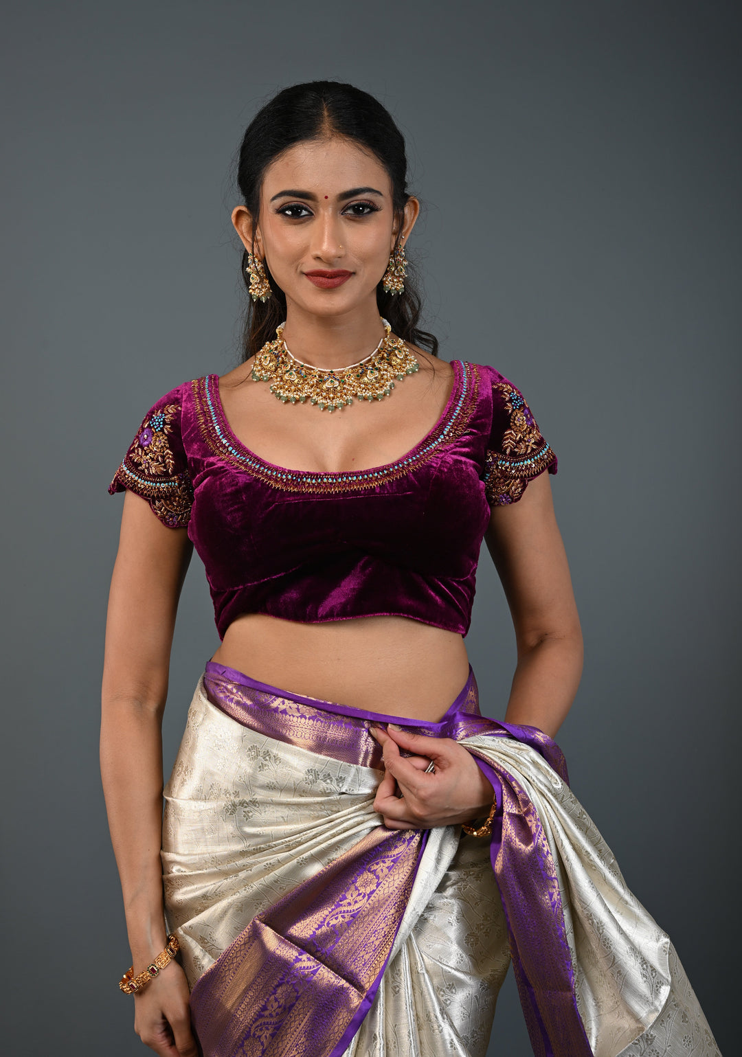 Purple Velvet Blouse with Antique Gold Floral Hand Zardosi, Sequins and Resham Meenakari work, Made to Order, Customizable
