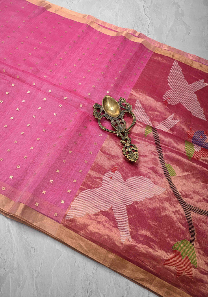 Pink Matka Muslin Saree with pocket sequins and Paithani Style Paluu | SILK MARK CERTIFIED